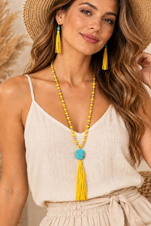 FACETED GLASS BEAD TQ GEMSTONE TASSEL DANGLE NECKLACE EARRING SET