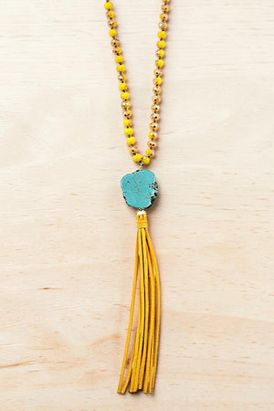 FACETED GLASS BEAD TQ GEMSTONE TASSEL DANGLE NECKLACE EARRING SET