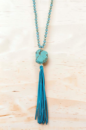 FACETED GLASS BEAD TQ GEMSTONE TASSEL DANGLE NECKLACE EARRING SET