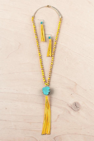 FACETED GLASS BEAD TQ GEMSTONE TASSEL DANGLE NECKLACE EARRING SET