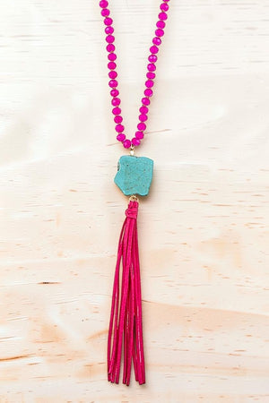 FACETED GLASS BEAD TQ GEMSTONE TASSEL DANGLE NECKLACE EARRING SET