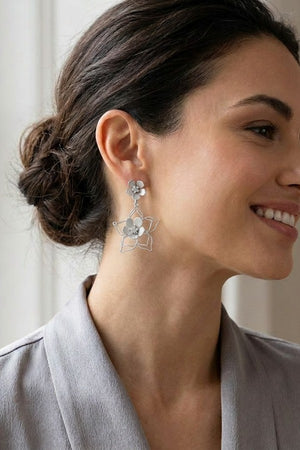 FLORAL POST OUTLINED FLOWER DANGLE EARRING
