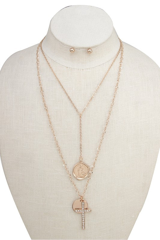 COIN CROSS LAYERED PENDANT NECKLACE SET