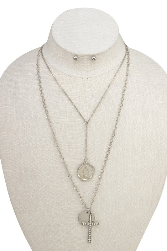 COIN CROSS LAYERED PENDANT NECKLACE SET