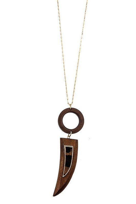 WOODEN HORN ANIMAL PRINT ACCENT LONG NECKLACE SET