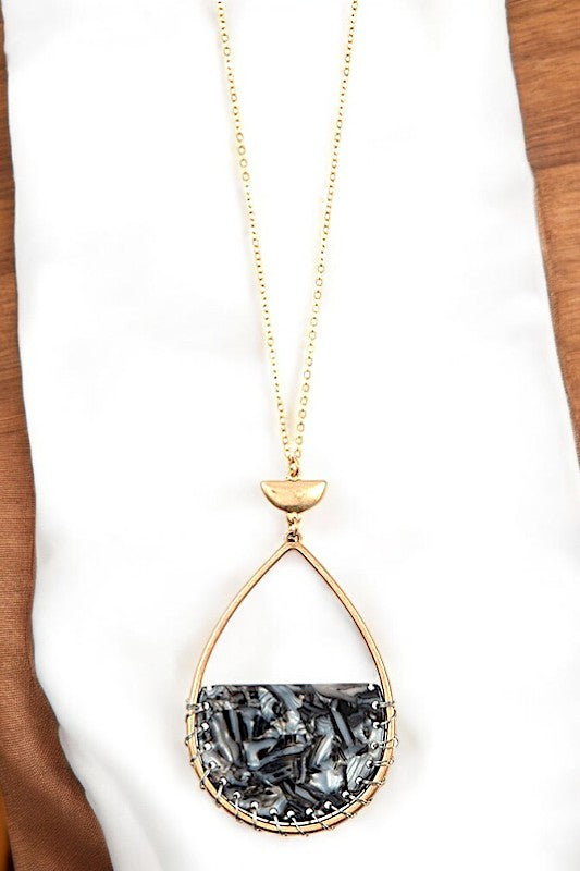WIRED HALF STONE TEARDROP PENDANT NECKLACE