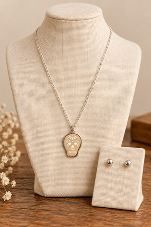 SKULL PENDANT NECKLACE AND BALL STUD EARRING SET