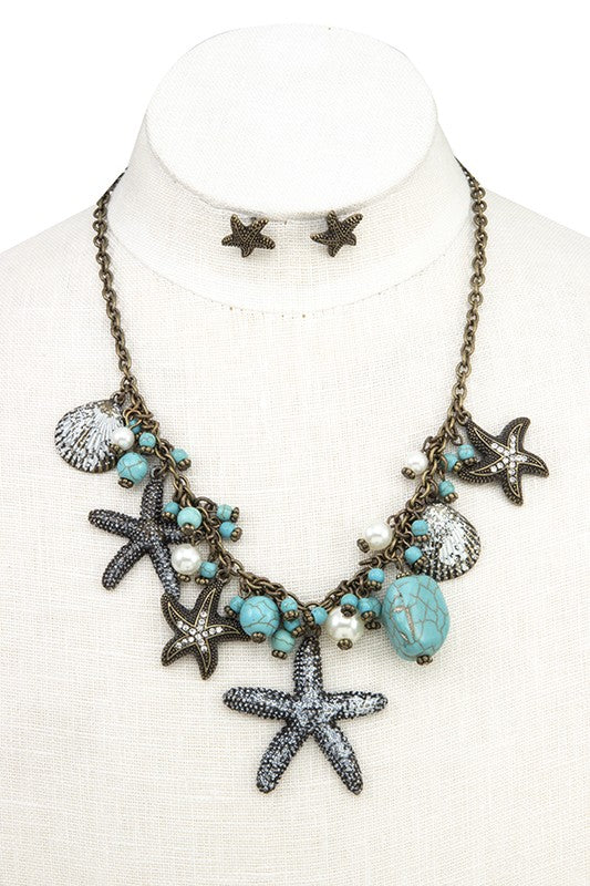 ETCHED STARFISH DANGLING BIB NECKLACE SET