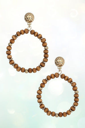 WOODEN BEAD LARGE HOOP DANGLE GOLD DIMPLED POST EARRING