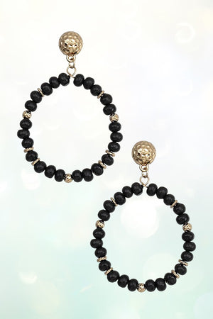 WOODEN BEAD LARGE HOOP DANGLE GOLD DIMPLED POST EARRING
