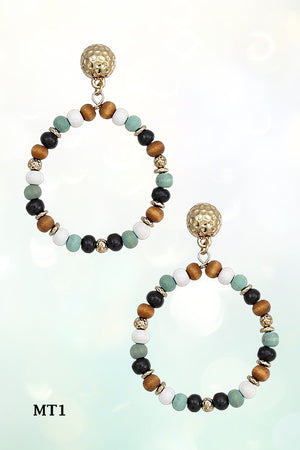 WOODEN BEAD LARGE HOOP DANGLE GOLD DIMPLED POST EARRING