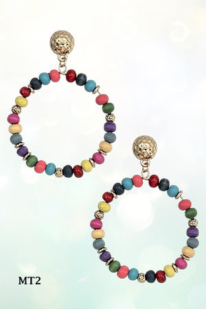 WOODEN BEAD LARGE HOOP DANGLE GOLD DIMPLED POST EARRING