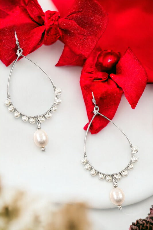 Teardrop Wire Pearl Accent Dangle Earring