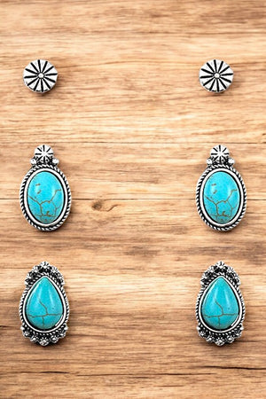 ETCHED GEM FRAMED POST EARRING SET