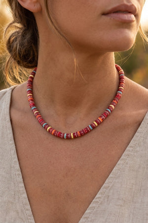 MULTI COLOR BLOCK DISK BEADED SHORT NECKLACE