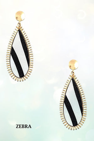 DOTTED FRAMED ANIMAL PRINT OBLONG TEADROP EARRING