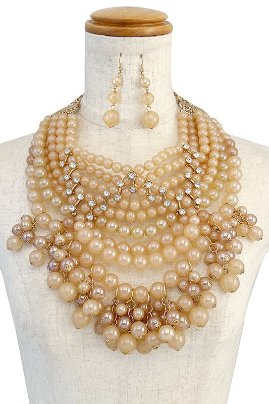 CRYSTAL GEM BEAD TIERED STATEMENT NECKLACE SET