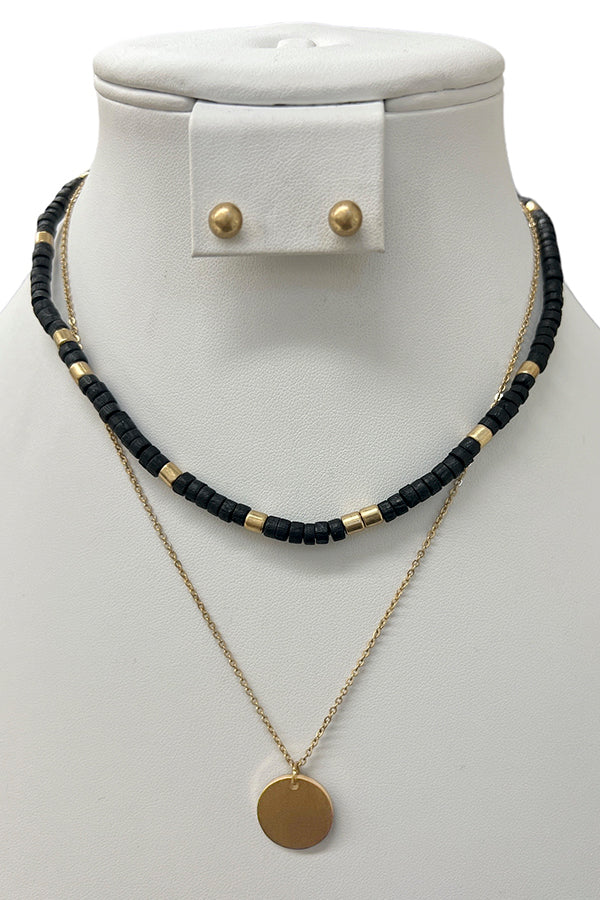 Layered Bead Disk Pendant Necklace Set