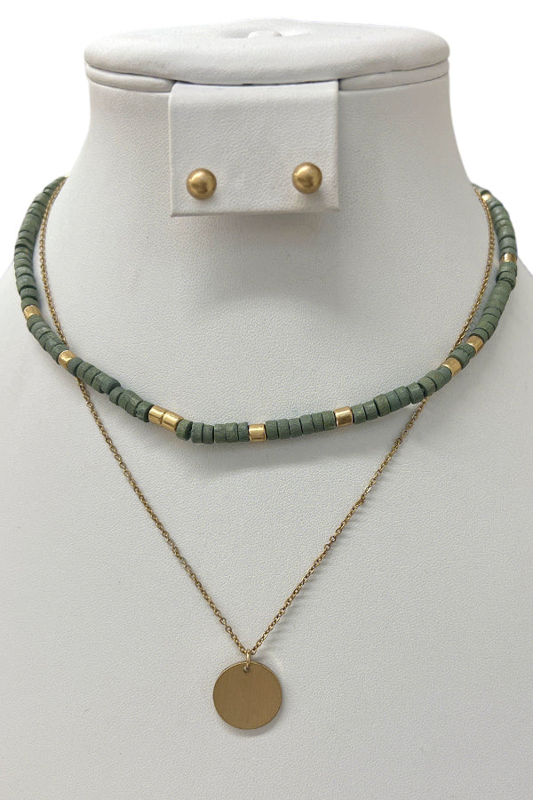 Layered Bead Disk Pendant Necklace Set