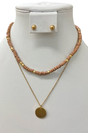 Layered Bead Disk Pendant Necklace Set