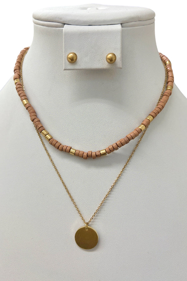 Layered Bead Disk Pendant Necklace Set