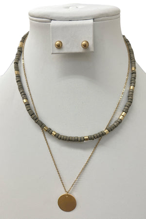 Layered Bead Disk Pendant Necklace Set