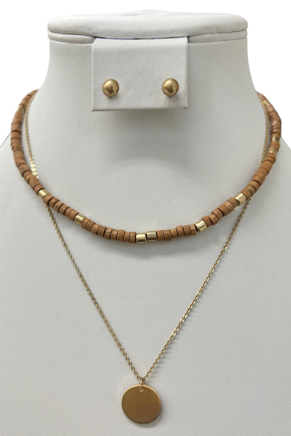 Layered Bead Disk Pendant Necklace Set