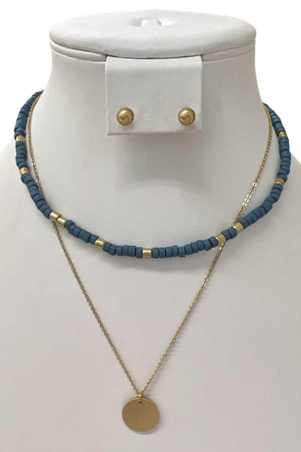 Layered Bead Disk Pendant Necklace Set