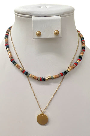 Layered Bead Disk Pendant Necklace Set