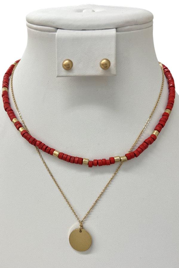 Layered Bead Disk Pendant Necklace Set