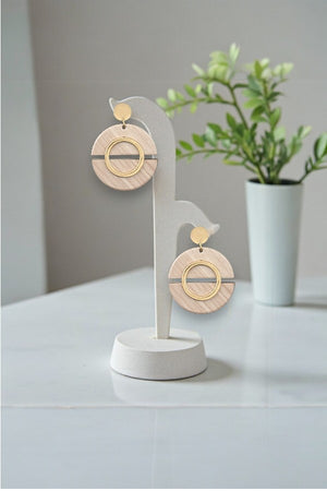 TWO SEMICIRLE WOOD LINK ROUND DROP EARRING