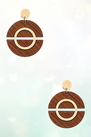 TWO SEMICIRLE WOOD LINK ROUND DROP EARRING