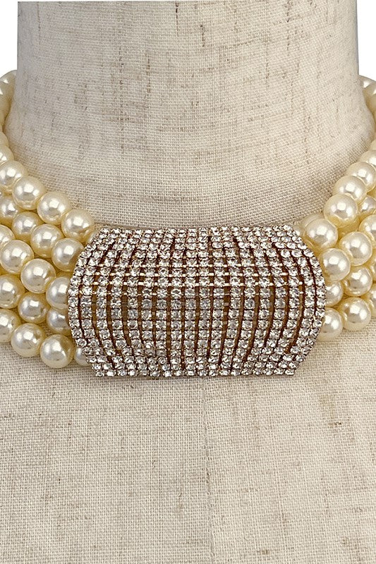 LAYERED PEARL RHINESTONE PENDANT CHOKER NECKLACE