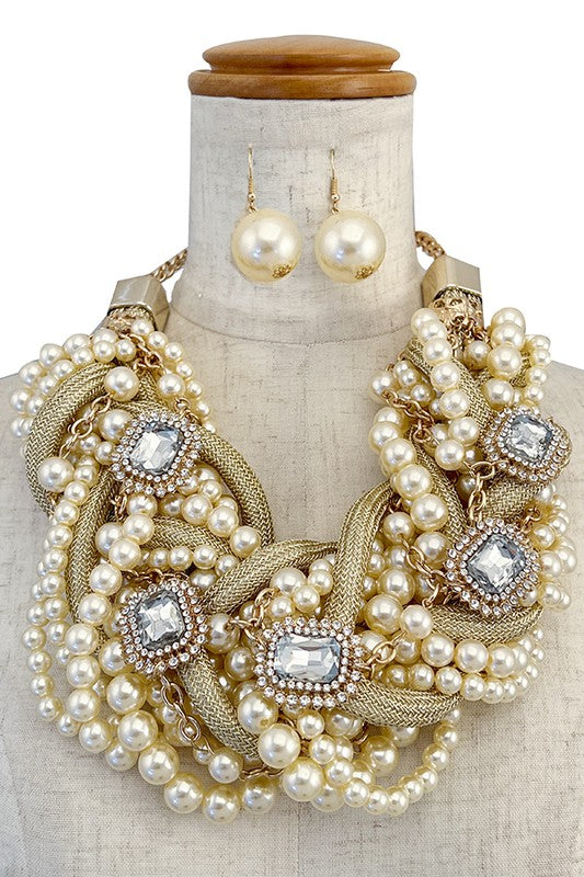 PEARL GEMSTONE BRAIDED COLLAR NECKLACE SET