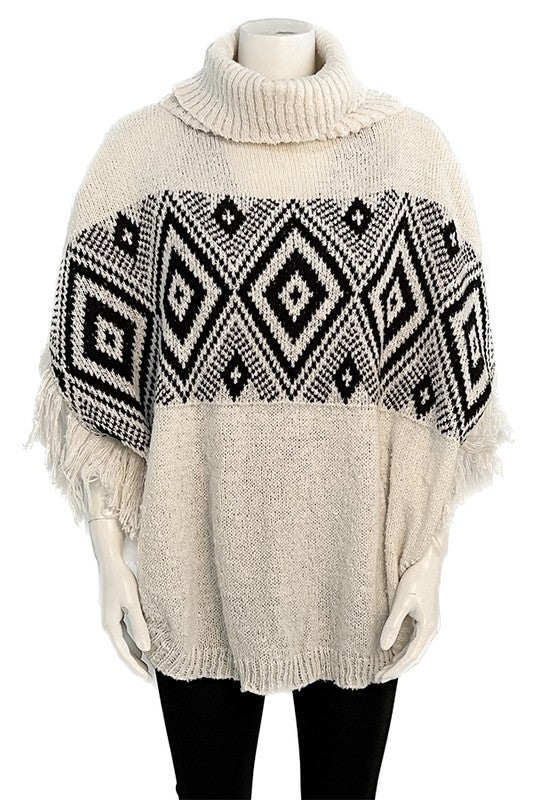 DIAMOND PATTERN TURTLE NECK POPNCHO