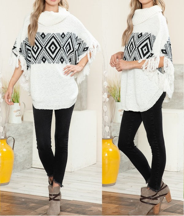DIAMOND PATTERN TURTLE NECK POPNCHO