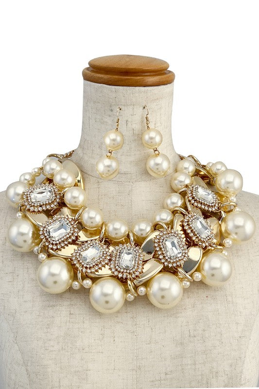 LARGE PEARL CHAIN GEM ACCENT COLLAR NECKLACE SET