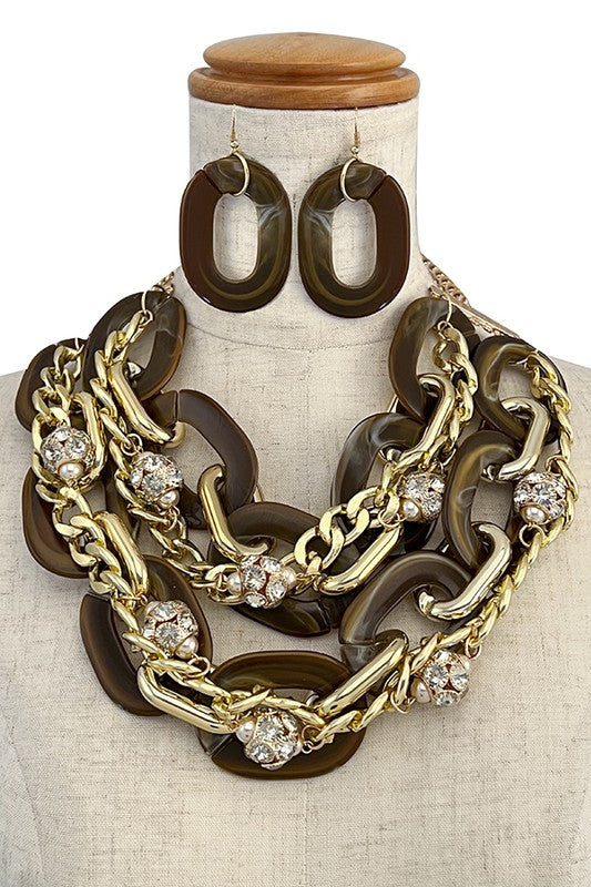 ACETATE MULTI CHAIN ACCENT BIB NECKLACE SET