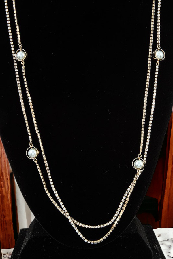 CRYSTAL GEM PAVE PEARL STATION LONG NECKLACE