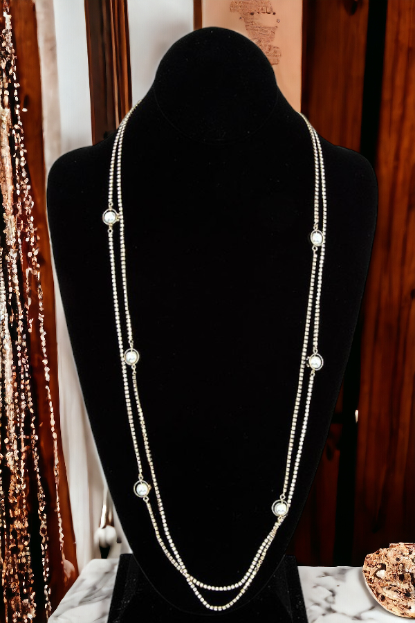 CRYSTAL GEM PAVE PEARL STATION LONG NECKLACE