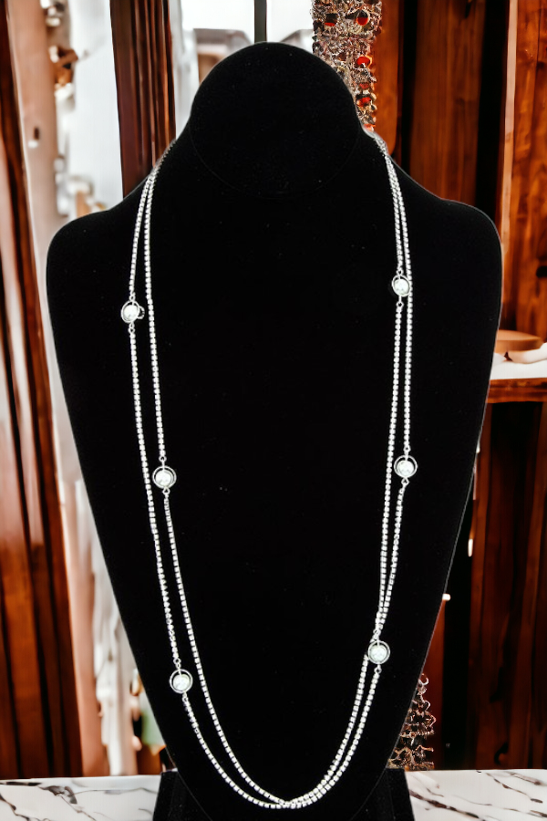 CRYSTAL GEM PAVE PEARL STATION LONG NECKLACE