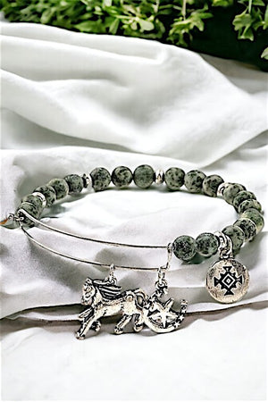 HORSE MULTI CHARMS DANGLE BEADED BANGLE BRACELET