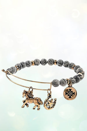 HORSE MULTI CHARMS DANGLE BEADED BANGLE BRACELET