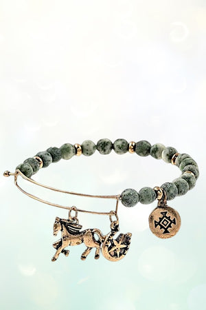 HORSE MULTI CHARMS DANGLE BEADED BANGLE BRACELET