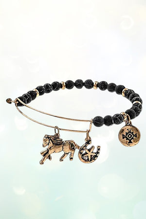 HORSE MULTI CHARMS DANGLE BEADED BANGLE BRACELET