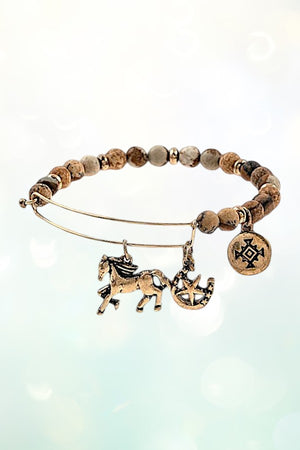 HORSE MULTI CHARMS DANGLE BEADED BANGLE BRACELET