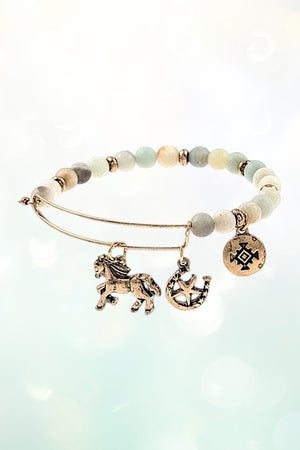 HORSE MULTI CHARMS DANGLE BEADED BANGLE BRACELET
