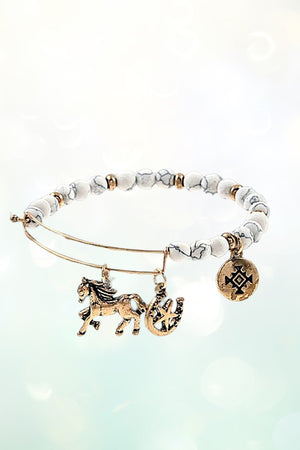HORSE MULTI CHARMS DANGLE BEADED BANGLE BRACELET