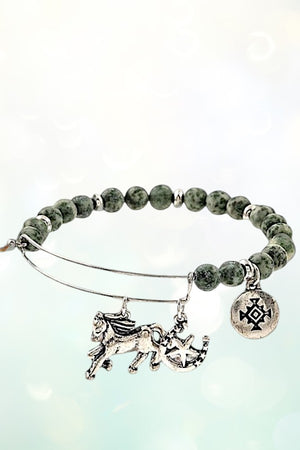 HORSE MULTI CHARMS DANGLE BEADED BANGLE BRACELET