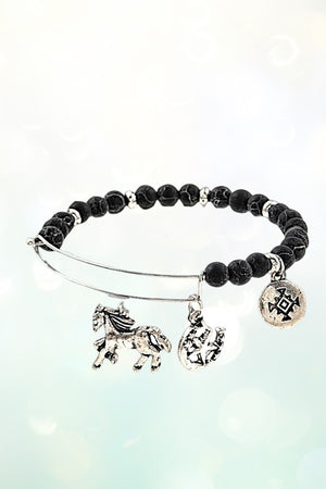 HORSE MULTI CHARMS DANGLE BEADED BANGLE BRACELET